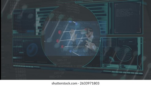 Digital image of interface with data processing over caucasian man wearing vr headset. Computer interface and business technology concept