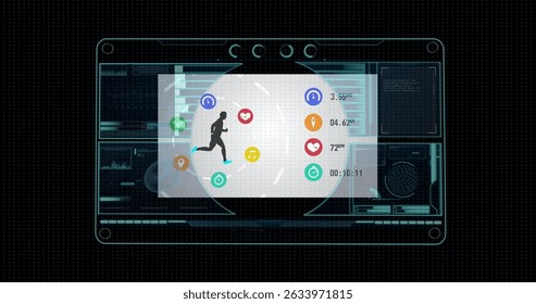 Digital image of interface with data processing against black background. Computer interface and business technology concept