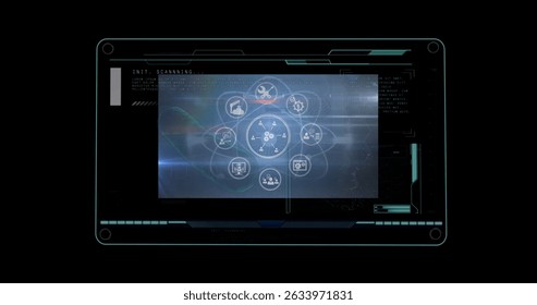 Digital image of interface with data processing against black background. Computer interface and business technology concept