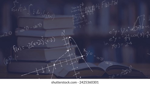 Digital image of mathematical equations and graphs moving in the screen and a pile of books on a table and a bookshelf in the background. - Powered by Shutterstock