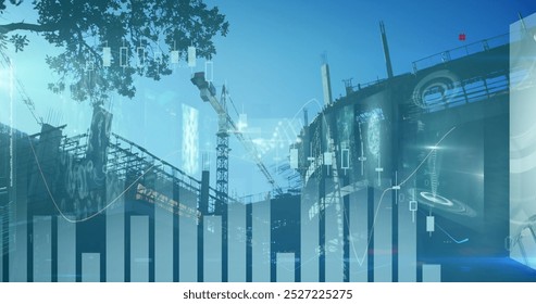 Digital image of moving graphs, coding and binary data, dna helix over construction site. Hologram, digitally generated, multiple exposure, architecture, database, medical and technology concept. - Powered by Shutterstock