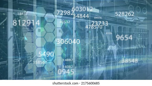 Digital Image Of Multiple Changing Numbers And Network Of Connections Moving Against Empty Server Room. Computer Interface Technology And Online Security Concept.