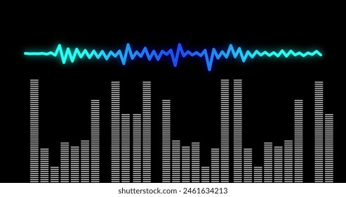 Digital image of music equalizer and sound waves against black background. electronic music and technology concept