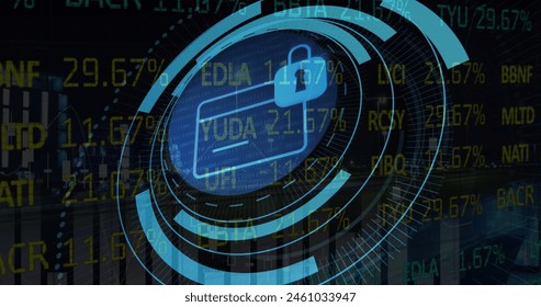 Digital image of neon round scanner and data processing against caucasian night sky. Global connections digital interface technology and networking concept digitally generated image.