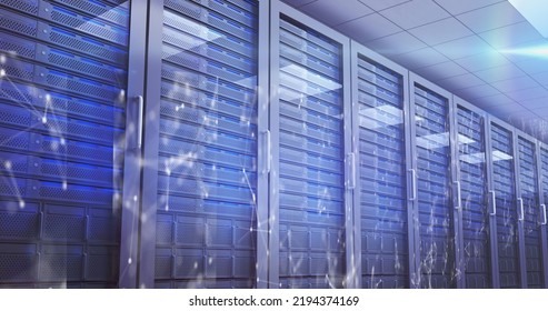 Digital Image Of Network Of Connections And Glowing Spot Of Light Against Multiple Servers. Global Networking And Online Security Concept