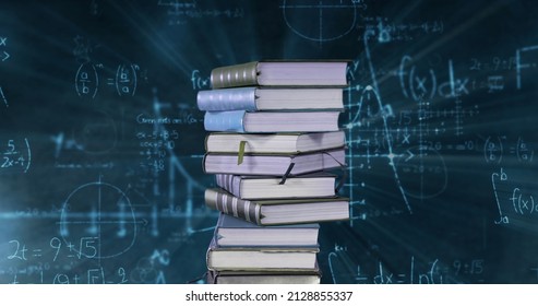 Digital image of a pile of books while mathematical equations and graphs move in the screen against a dark background