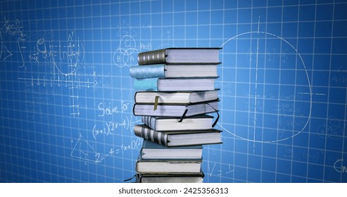 Digital image of a pile of books while mathematical equations and graphs move in the screen against a blue background with square patterns - Powered by Shutterstock