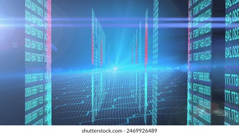 Digital image of screens with binary coding and blue light trails against blue background. Computer interface and business technology concept