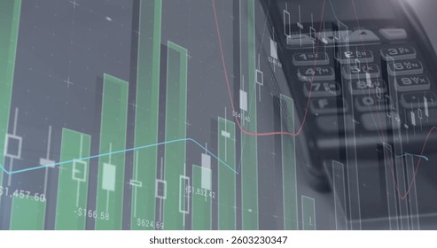 Digital image of statistical data processing against credit card machine. wireless and digital payment concept