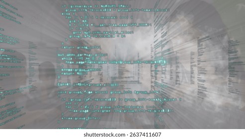 Digital image of statistical data processing against spot of light and light on grey background. Global digital interface technology and networking concept digitally generated image.