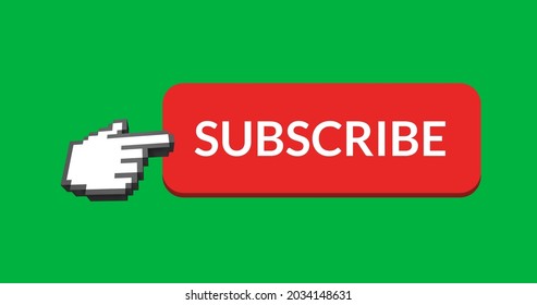Digital image of the word SUBSCRIBE in red bar with hand icon vector on the right pointing on it against green background. 4k - Shutterstock ID 2034148631