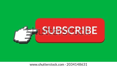 Digital image of the word SUBSCRIBE in red bar with hand icon vector on the right pointing on it against green background. 4k