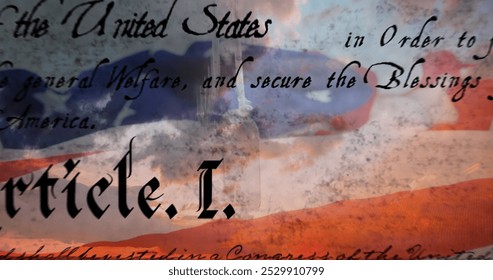 Digital image of written constitution of the United States moving in the screen with flag while background shows the sky with clouds. 4k - Powered by Shutterstock