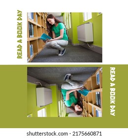 Digital Image Of Young Caucasian Woman Reading While Crouching In Library, Read A Book Day Text. Copy Space, Encourage Reading, Raise Awareness, Lower Stress, Improving Concentration And Memory.