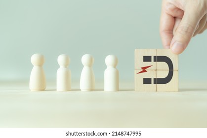 Digital inbound marketing strategy. Attracting potential customers. Customer retention concept. Putting wooden cubes with magnet attracts customer icons on smart grey background and copy space. - Shutterstock ID 2148747995