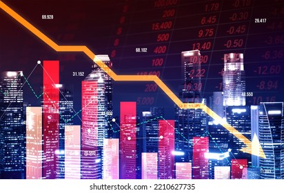 The digital indicators and declining graphs of a stock market crash overlap the backdrop of a modernistic city. Concept of a market crash in double exposure.