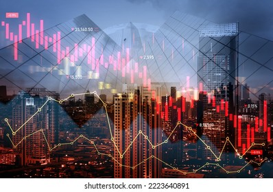 The digital indicators and declining graphs of a stock market crash overlap the backdrop of a modernistic city. Concept of a market crash in double exposure. - Shutterstock ID 2223640891