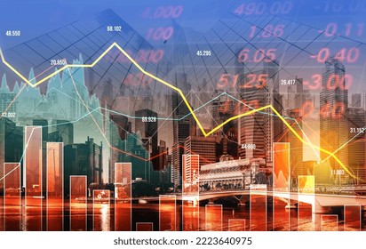 The digital indicators and declining graphs of a stock market crash overlap the backdrop of a modernistic city. Concept of a market crash in double exposure.