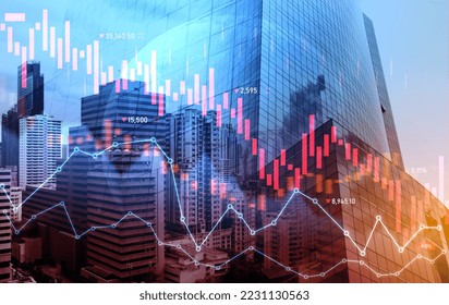 The digital indicators and declining graphs of a stock market crash overlap the backdrop of a modernistic city. Concept of a market crash in double exposure.