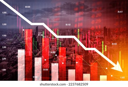 The digital indicators and declining graphs of a stock market crash overlap the backdrop of a modernistic city. Concept of a market crash in double exposure.