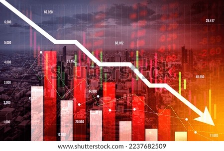 The digital indicators and declining graphs of a stock market crash overlap the backdrop of a modernistic city. Concept of a market crash in double exposure.