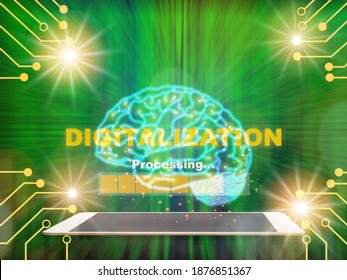 Digital information or digitalization processing on brain modern technology machine learning on computer tablet with pattern of green binary code decimal motion blur background