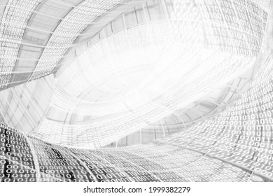 Digital information flows. Binary numbers. Black and white digital background.