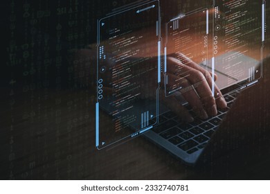 Digital information technology concept. Businessman touching artificial intelligence screen. - Shutterstock ID 2332740781