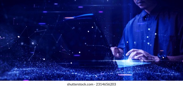 Digital information technology concept. Man use cybersecurity computers to protect against online threats. Data Analytics or Data Science. Binary code, polygons and particles on dark blue background.