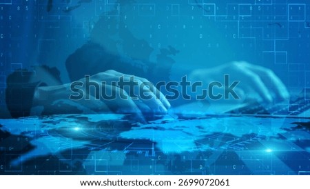 Digital interaction with global network overlay in futuristic blue design theme