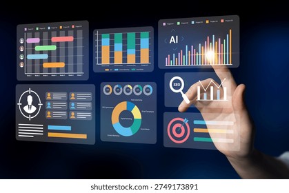 A digital interactive interface showcasing graphs, charts, and data metrics, capturing modern business analytics trends and technology advancements for professional environments. Gantry