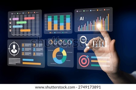 A digital interactive interface showcasing graphs, charts, and data metrics, capturing modern business analytics trends and technology advancements for professional environments. Gantry