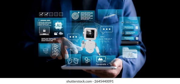 Digital interface with AI chatbot, data analytics, security icons, and productivity tools on touchscreen tablet. Concept of smart assistant, automation, and workflow management. - Powered by Shutterstock - Get 15% off with code: PIKWIZARD15