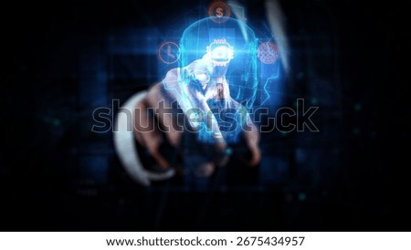Digital Interface AI Technology with Hand Pointing at Futuristic Holographic Display