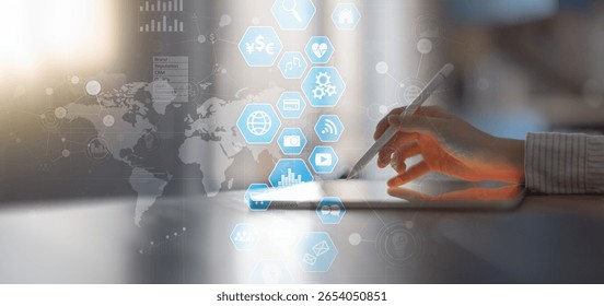 Digital Interface and Application Icons on a Touchscreen Tablet.