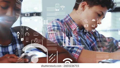 Digital interface with data and icons moving over a smiling schoolgirl using a smartphone in class. global digital network and education digital composite.