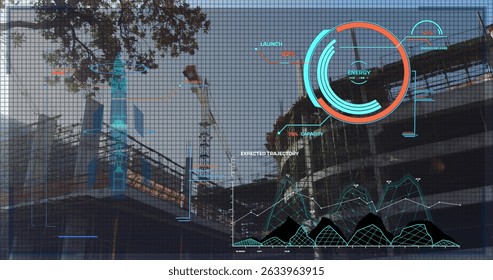 Digital interface with data processing against construction site in background. Computer interface and business technology concept