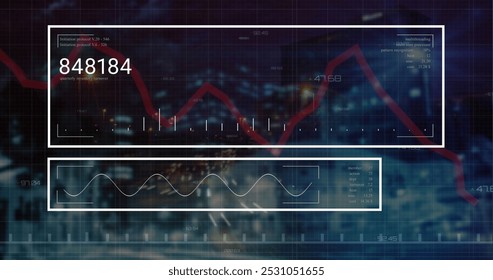 A digital interface and data processing concept, with image of financial data processing over cityscape. Global business global digital interface technology and networking concept digitally generated - Powered by Shutterstock - Get 15% off with code: PIKWIZARD15