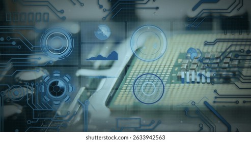 Digital interface with data processing and microprocessor connections against close up of a server. Computer interface and business technology concept - Powered by Shutterstock - Get 15% off with code: PIKWIZARD15
