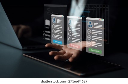 Digital interface displaying project tasks under Work Items, Processing, and Completed categories with Gantt chart timeline visualization Parse