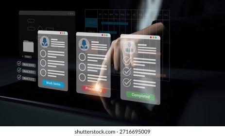 Digital interface displaying project tasks under Work Items, Processing, and Completed categories with Gantt chart timeline visualization Parse