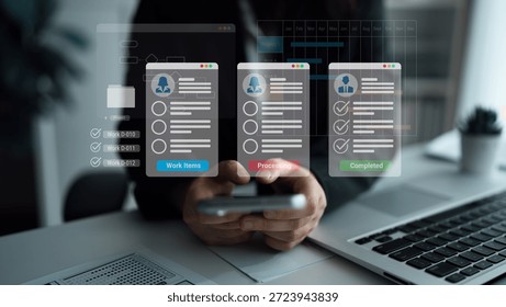 Digital interface displaying project tasks under Work Items, Processing, and Completed categories with Gantt chart timeline visualization Parse