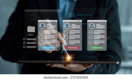 Digital interface displaying project tasks under Work Items, Processing, and Completed categories with Gantt chart timeline visualization Parse