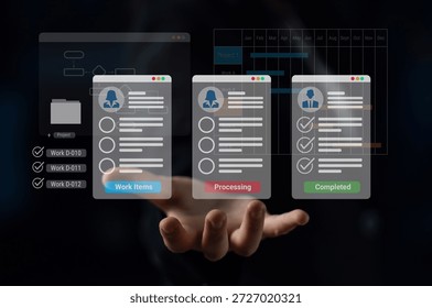 Digital interface displaying project tasks under Work Items, Processing, and Completed categories with Gantt chart timeline visualization Parse