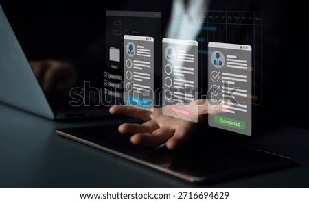 Digital interface displaying project tasks under Work Items, Processing, and Completed categories with Gantt chart timeline visualization Parse