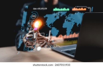 A digital interface displays data analytics and global maps, emphasizing technology and data visualization in a business context.
