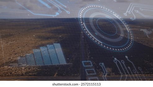 Digital interface elements and data processing image over aerial view of landscape. Technology, innovation, overlay, futuristic, network, communication - Powered by Shutterstock - Get 15% off with code: PIKWIZARD15