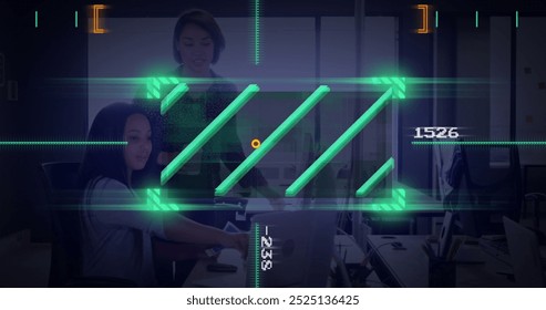 Digital interface elements over businesswomen working in modern office. Technology, innovation, workspace, professional, digital transformation, collaboration - Powered by Shutterstock