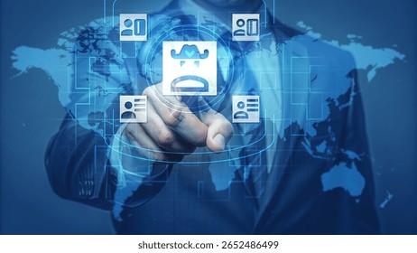 Digital Interface with Finger Touching Virtual Icons on World Map Overlay
