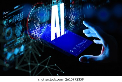 A digital interface with a glowing “AI” text, surrounded by futuristic data visualizations and a hand interacting with a virtual screen.